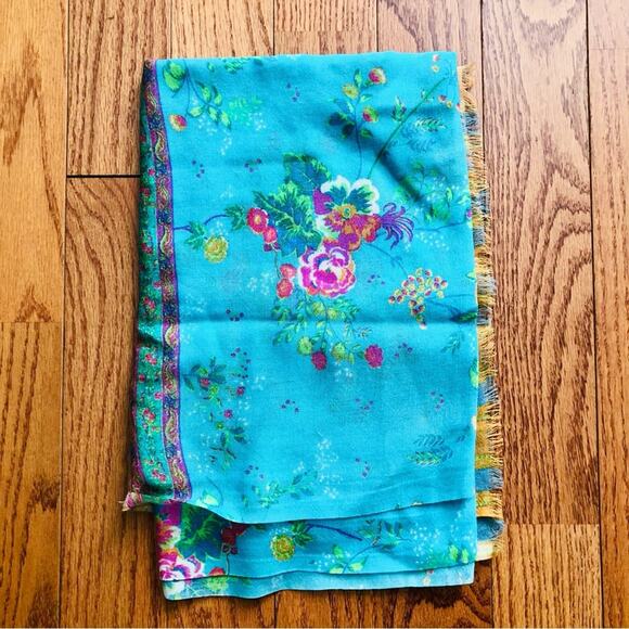 Anthropologie Moksha Wool Floral Paisley Rectangular Turquoise Scarf - Picture 5 of 8